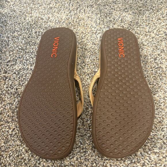 Vionic Tan and Brown Flip Flops Leather Strap Orthotic Comfort Womens Size 9 - Picture 2 of 6